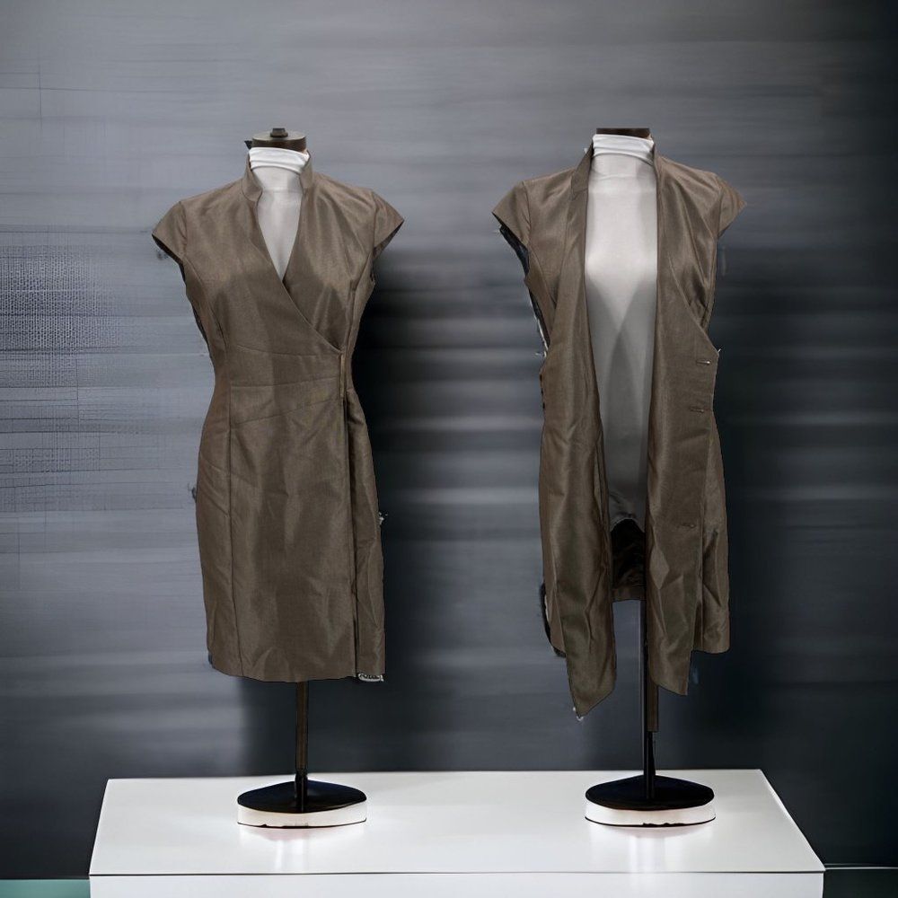 Calvin Klein Gold/Brown Cap Sleeve V-Neck Wrap Dress with Gold Bar Detail Size 4